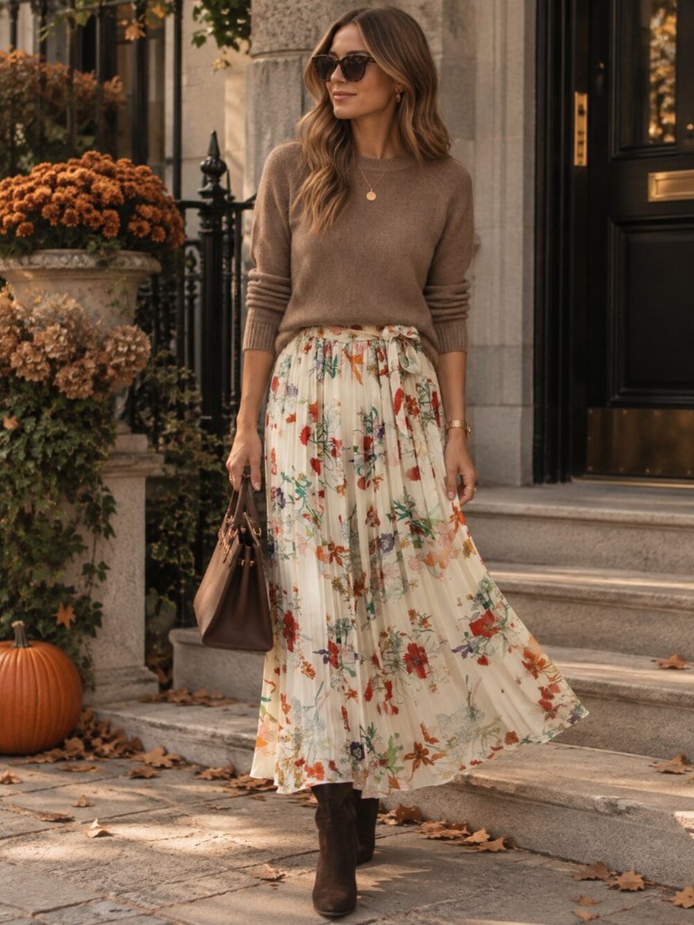 JOIE Floral Pleated Maxi Skirt Tie Waist Romantic Euro Chic Fall Vacation Boho M